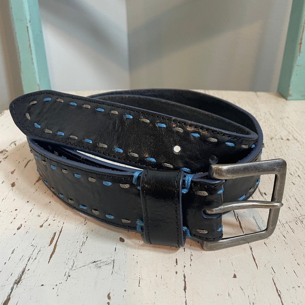 Mens Black Genuine Leather Belt Blue Contrast Stitch 1.5" Silver Buckle Size 42